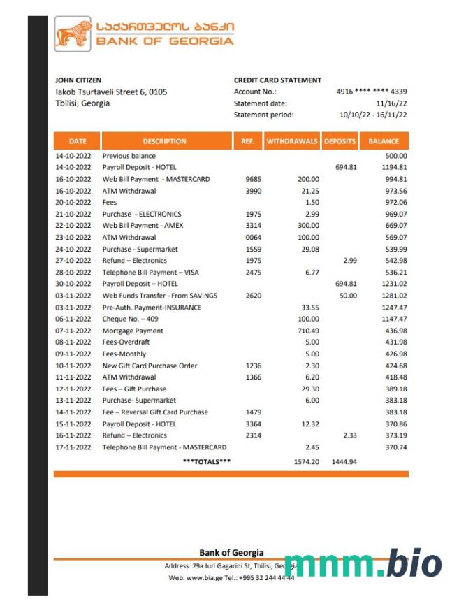 Szablon wyciągu bankowego Georgia Bank of Georgia, format Word i PDF